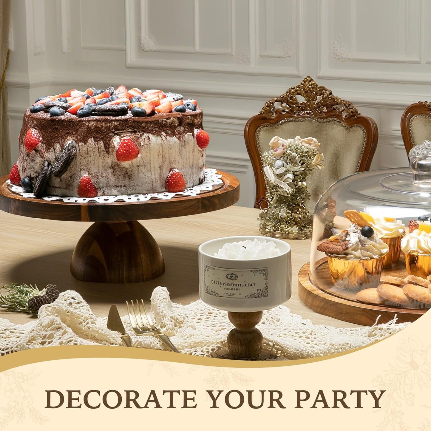 Cake Stand with Lid, 2 In 1 Cake Stand, 12in Round Acrylic Cake Stand with Dome, Acacia Wood Cake Container, Comes with Cake Paper, Perpare for Cake, Dessert, Cookie, No Glass
