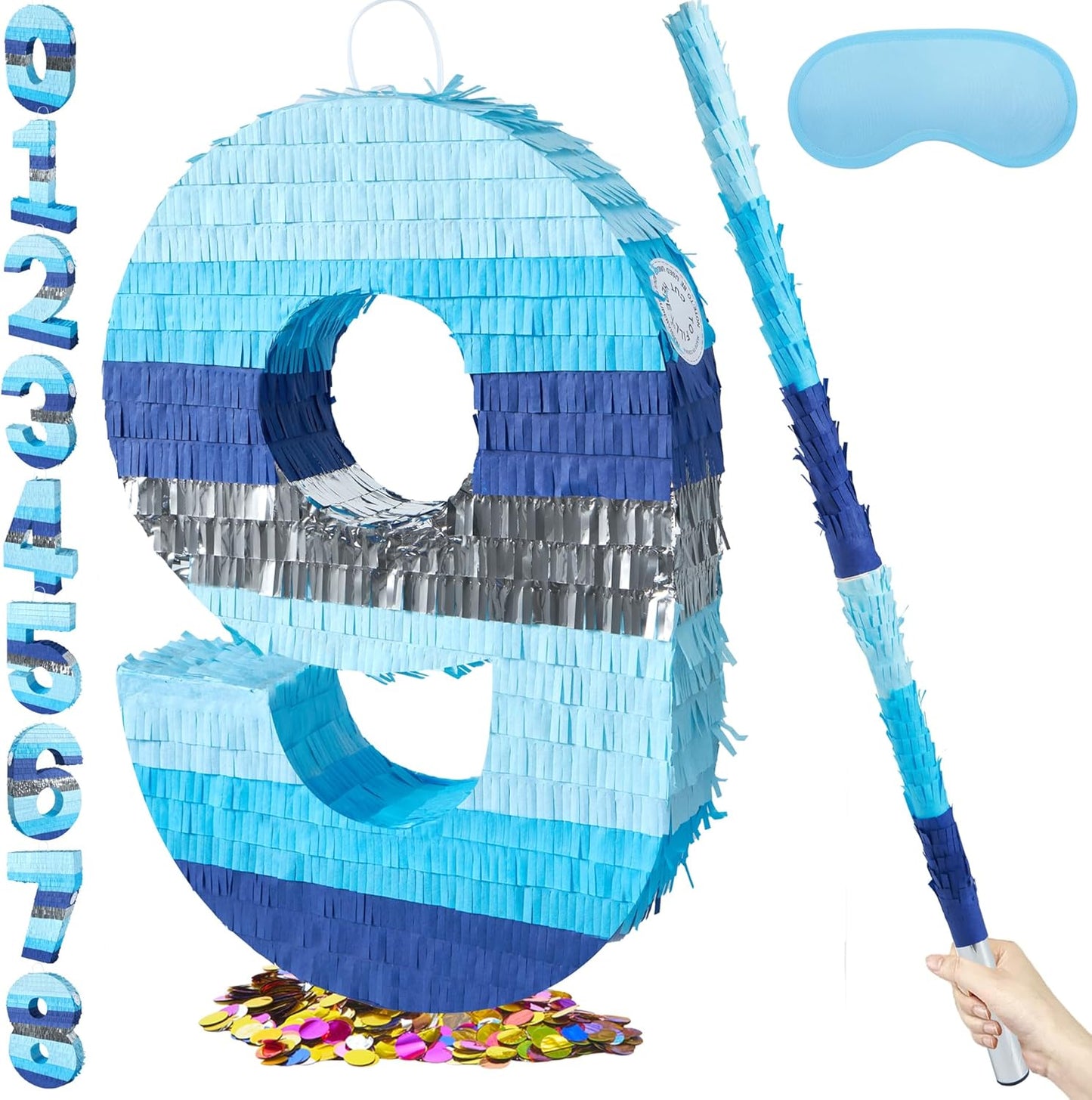 PCFING 20 Inch Number 3 Piñata Blue Silver with 30 Inch Piñata Stick Blindfold Confetti for Boys Girls Adults Birthday Party Decorations, Anniversary Celebration, Fiesta