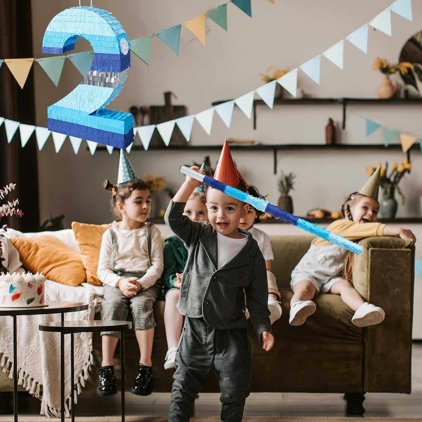 PCFING 20 Inch Number 3 Piñata Blue Silver with 30 Inch Piñata Stick Blindfold Confetti for Boys Girls Adults Birthday Party Decorations, Anniversary Celebration, Fiesta