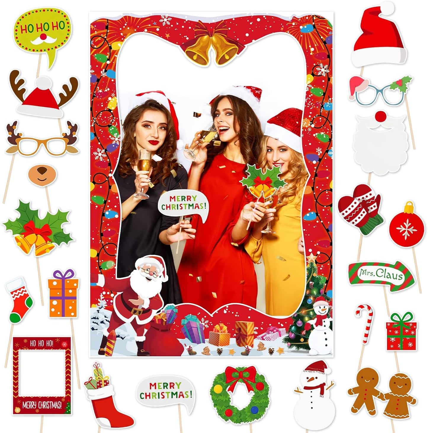 HOWAF 20 Pcs Christmas Photo Booth Props with Merry Christmas Paper Photo Frame, Funny Gingerbread Santa Photo Props for Xmas Holiday Party Decoration, Christmas Tree Selfie Frame Photo Props