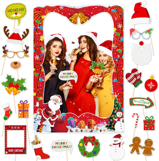 HOWAF 20 Pcs Christmas Photo Booth Props with Merry Christmas Paper Photo Frame, Funny Gingerbread Santa Photo Props for Xmas Holiday Party Decoration, Christmas Tree Selfie Frame Photo Props