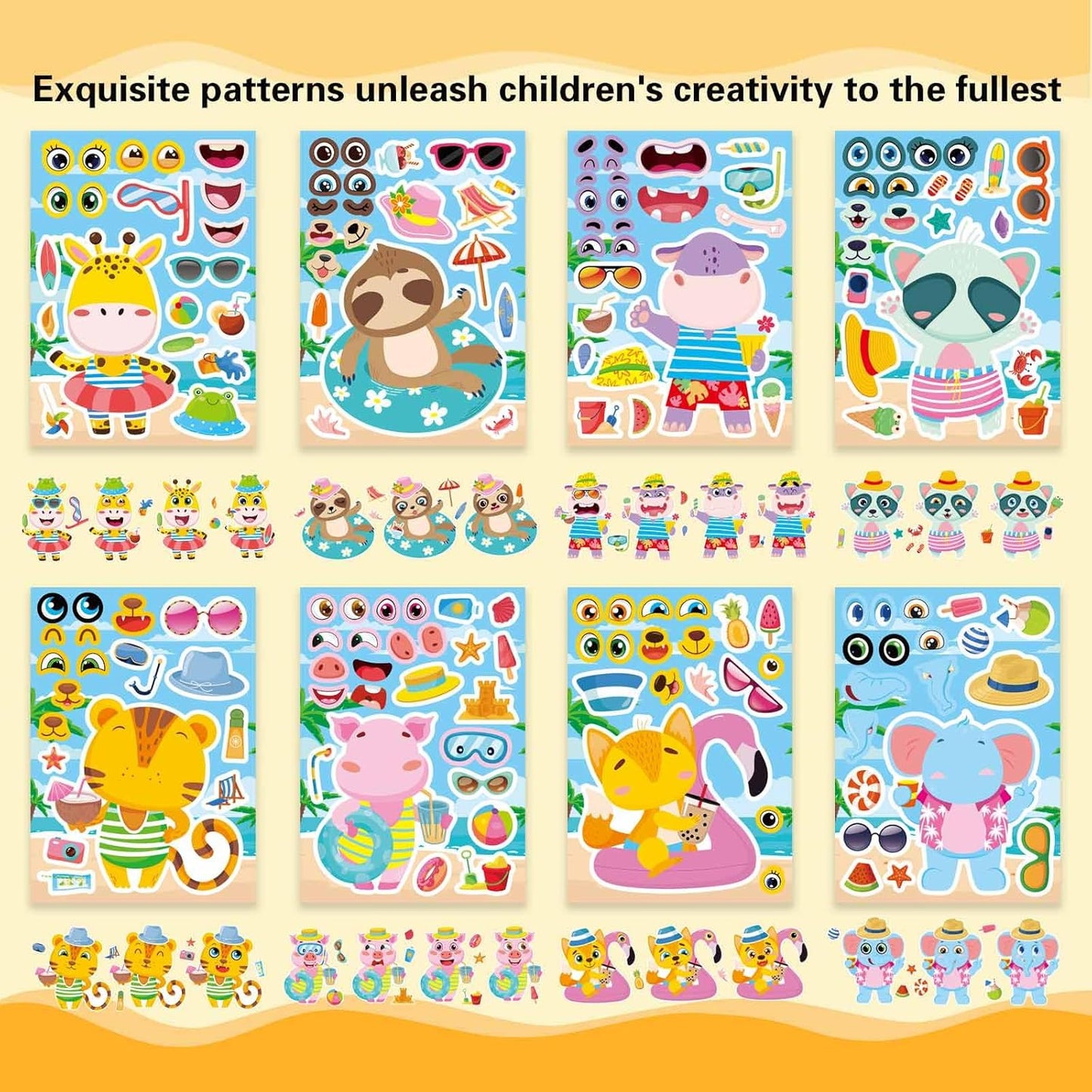24 Sheets Summer Stickers for Kids Toddlers, Make-a-face Stickers for Kids Classroom Make Your Own Animal Mix & Match Sticker, Pool Beach Luau Hawaii Sticker, Summer Holiday Party Favors