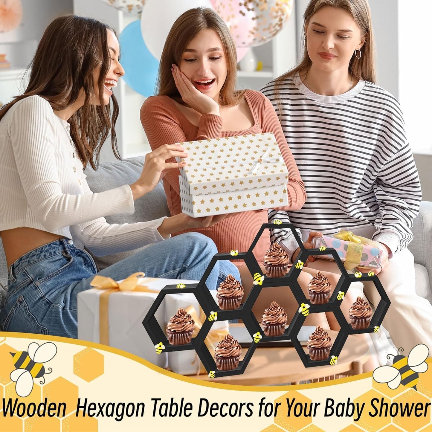 8 Pcs 4.13 Inch Honeycomb Cupcake Stand Cake Farmhouse Hexagon Display Holder Hexagonal Wood Cupcake Stand Floating Table Sign with Wooden Bee for Wedding Baby Shower Birthday Party Table Decorations