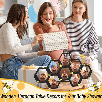 8 Pcs 4.13 Inch Honeycomb Cupcake Stand Cake Farmhouse Hexagon Display Holder Hexagonal Wood Cupcake Stand Floating Table Sign with Wooden Bee for Wedding Baby Shower Birthday Party Table Decorations