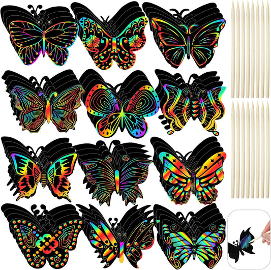 Deekin 72 Pcs Butterfly Scratch Cards Rainbow Paper Scratch Butterfly Craft Art Kits Party Favors with 36 Pcs Bamboo Stylus for Classroom Games DIY Crafts Home Ornaments, 12 Styles