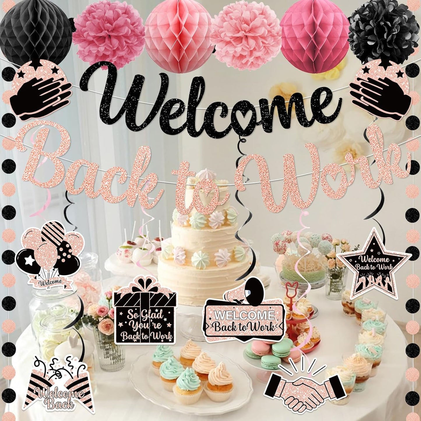 Welcome Back Decorations for Office Welcome Back to Work Decorations with Banner Circle Dot Garland Hanging Swirls Pompoms for Office Party Decor Sign