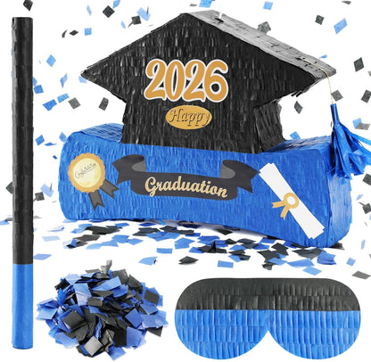 2026 Graduation Piñata with Stick,Blindfold,Confetti - 15.8 Inch Congrats Grad Cap Piñata Yellow End of Year Piñata Party Decoration for Kindergarten School Elementary College Games (Style 2)