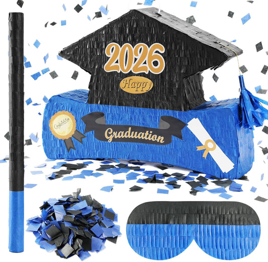 2026 Graduation Piñata with Stick,Blindfold,Confetti - 15.8 Inch Congrats Grad Cap Piñata Yellow End of Year Piñata Party Decoration for Kindergarten School Elementary College Games (Style 2)