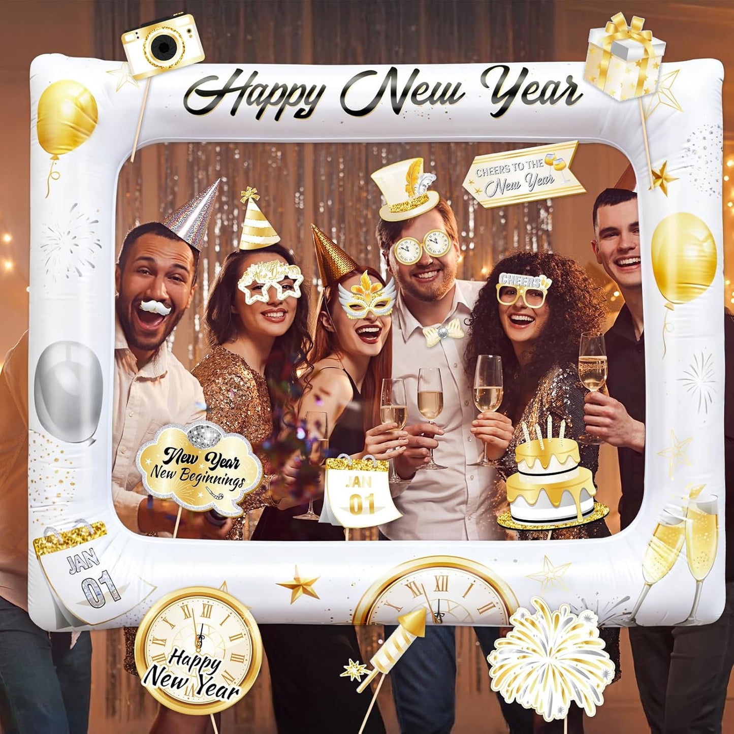 HOWAF 29PCS White Gold Happy New Year Photo Booth Props with Photo Frame,2026 New Year Decoration Selfie Props, Gold Glitter Photos Prop Kit for NYE Party, 2026 NYE Cheers Selfie Prop Kit