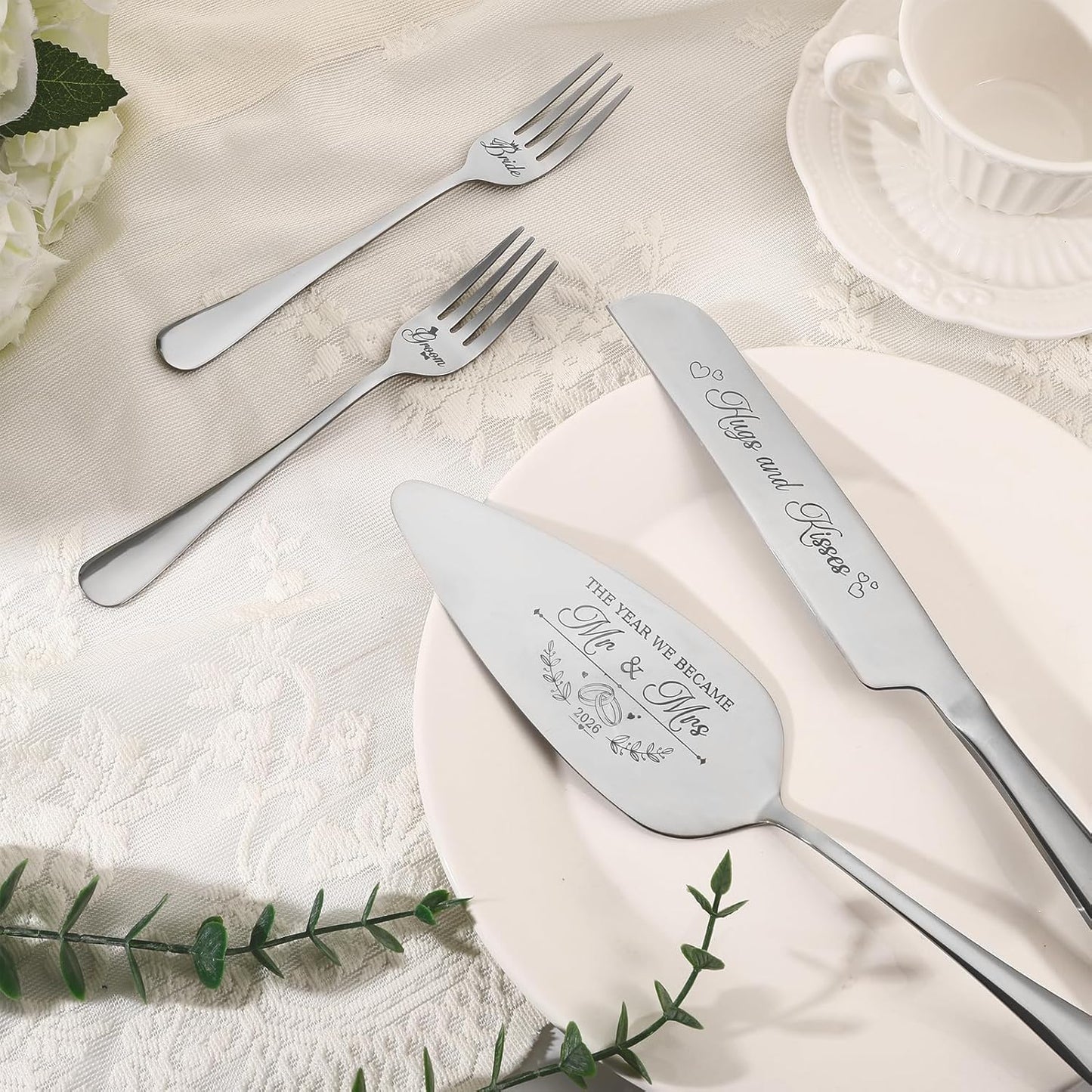 Wedding Cake Knife and Server Set - 4 Piece Stainless Steel Cake Cutting Set for Wedding, Cake Cutting Knife, Slicer and Forks Server for Engagement, Anniversary, Birthday