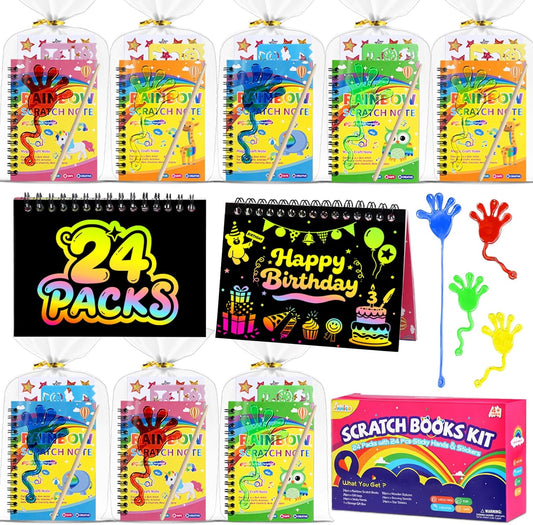 JMMICO 24*3 Pack Scratch Art Notebook+Sticky Hands+Stickers,Party Favors for Kids 4-8-12,Return Gifts for Birthday Party,Goodie Bags Stuffers, End of the Year Gifts for Students