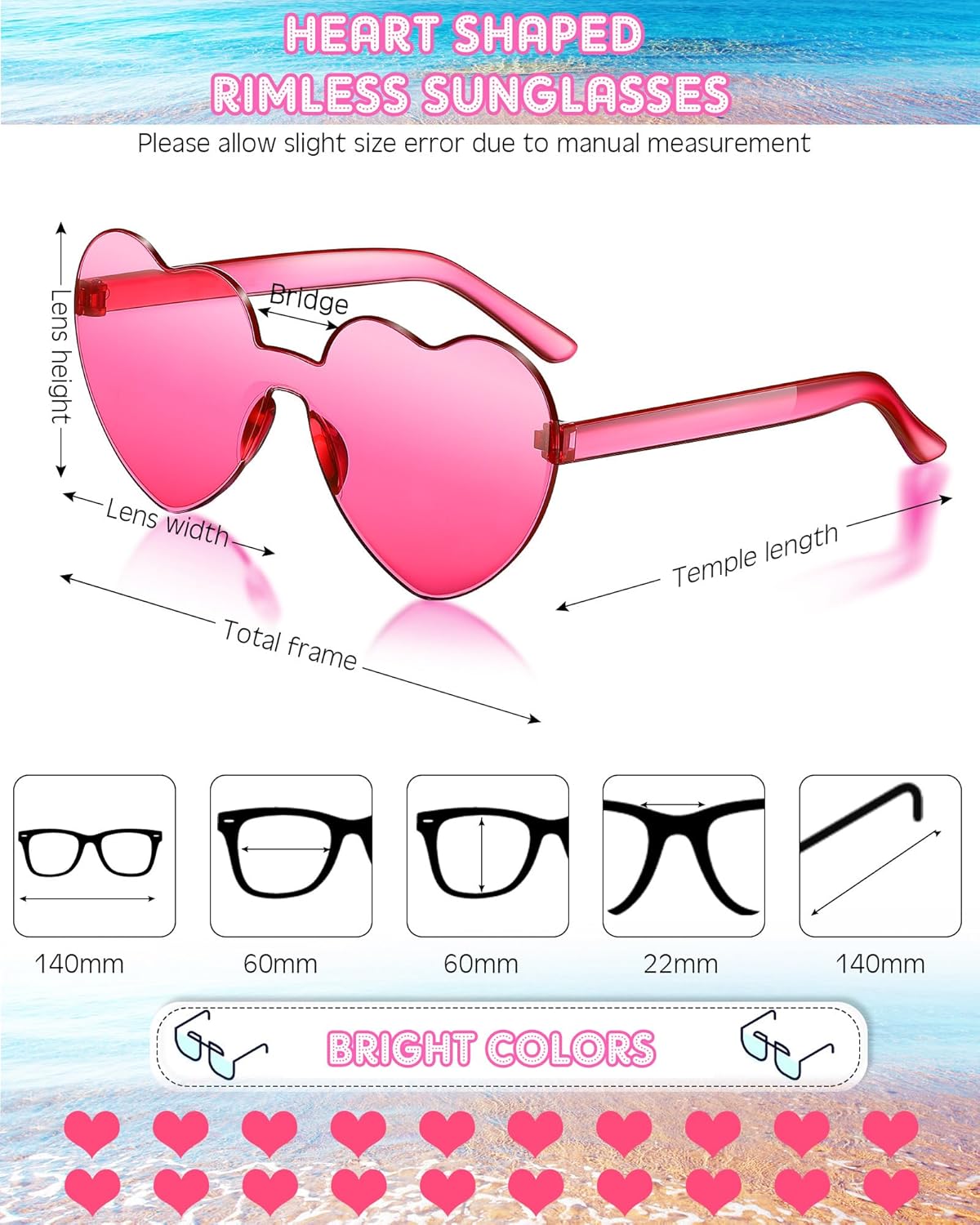 Frienda 20 Pairs Heart Shaped Sunglasses Rimless Candy Color Glasses for Women Men Party Favor