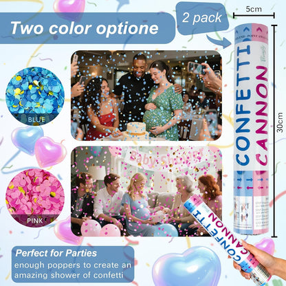 2 Pack Gender Reveal Confetti Cannon, 12 in Pink Square shaped Paper Party Poppers Cannons, Confetti Poppers For Baby Girl Gender Reveal Baby Showers (Square, Pink)