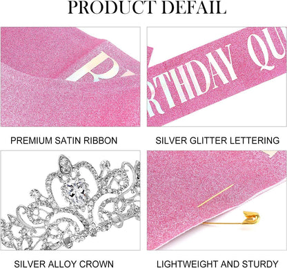 COCIDE Birthday Queen Sash & Rhinestone Tiara Set Gold Happy Birthday Crowns for Women Party Decoration Kit Rhinestone Headband for Women Glitter Crystal Hair Accessories for Cake Topper