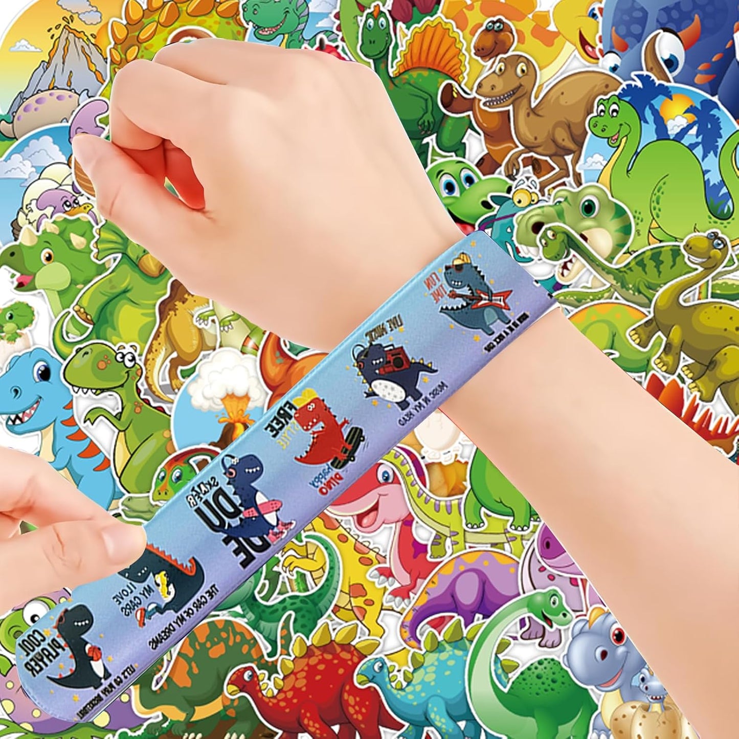 CZWXOXO 74Pcs Dinosaur Theme Party Favors Contain 24 Pcs Slap Bracelets 50Pcs Stickers, Dino Theme Birthday Party Decorations,Classroom Rewards Supplies.