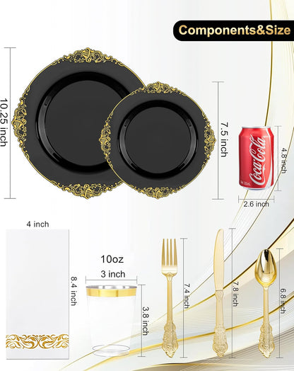 Nervure 350PCS Gold Plastic Plates - Gold Plastic Dinnerware Sets for 50 Guests - 100 Disposable Plates, 150 Silverware, 50 Cups, 50 Napkins for Wedding & Party & Mothers Day