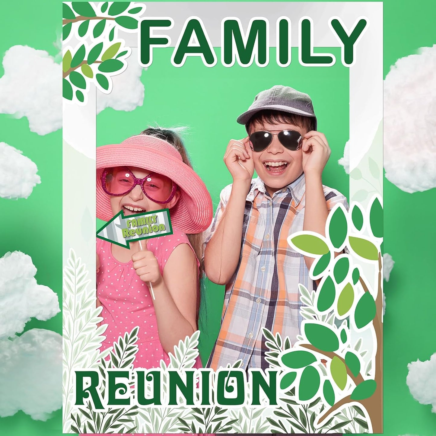Beeveer 49 Pcs Green Family Tree Photo Booth Props Family Reunion Decorations Gathering Party Photo Booth Picture Frame and Props Happiness Selfie Favors for Home Party Supplies