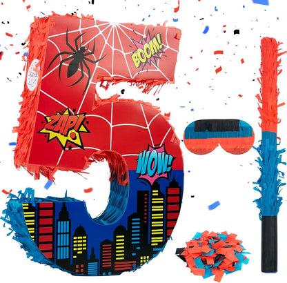 Number 4 Spider Pinata Bundle with 16 Inch Piñata Stick Blindfold Confetti for Hero Birthday Party Decoration Anniversary Celebration Gift Spider Party Favors for Kids, 16 x 11.6 x 2.4 Inch