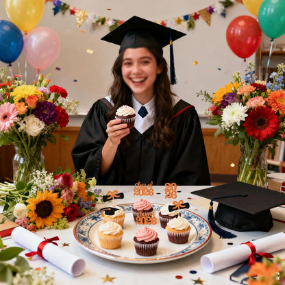 36 PCS 2026 Graduation Theme Cupcake Toppers Glitter Class of 2026 Grad Cap Diploma Cupcake Picks 2026 Graduation Theme Party Cake Decorations Supplies Deep Blue
