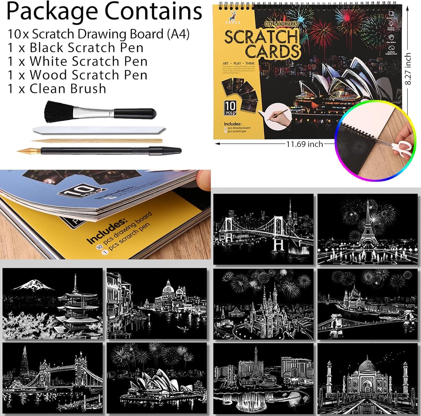 10 PCS Cityscape Scratch Art Book for Teen & Adults: DIY Colorful City Series Painting Paper | ASMR Stress-Relief Engraving Kit Scratchboard | DIY Sketch Card Creative Craft (Travel Landmarks B)