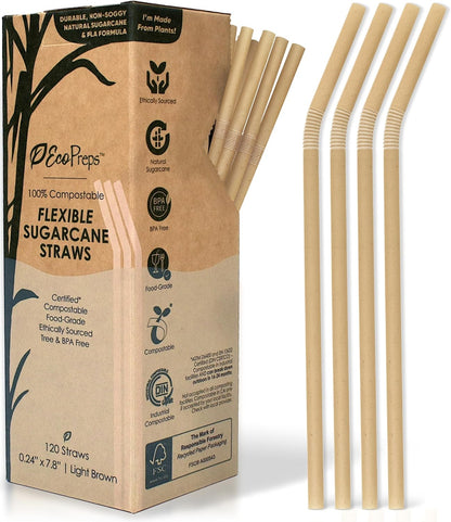 EcoPreps Biodegradable Sugarcane Straws | 150 Count, 100% Compostable, Plastic-Free, & Eco-Friendly Drinking Straw | 7.8'' Sugar Fiber Disposable Straws, Smoothie Straw for Home, Restaurant, Parties