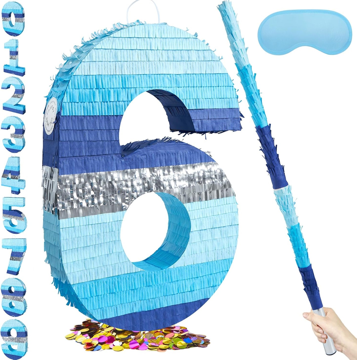 PCFING 20 Inch Number 3 Piñata Blue Silver with 30 Inch Piñata Stick Blindfold Confetti for Boys Girls Adults Birthday Party Decorations, Anniversary Celebration, Fiesta
