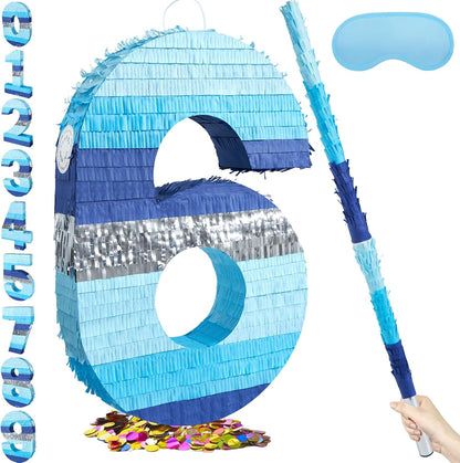 PCFING 20 Inch Number 3 Piñata Blue Silver with 30 Inch Piñata Stick Blindfold Confetti for Boys Girls Adults Birthday Party Decorations, Anniversary Celebration, Fiesta