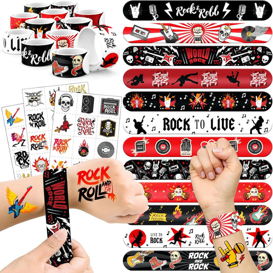 60 PCS Rock and Roll Party Favors Set - 36 Temporary Tattoos & 24 Slap Bracelets for Kids, Perfect for Music-Themed Birthday Supplies, Rock n Roll Party Decorations