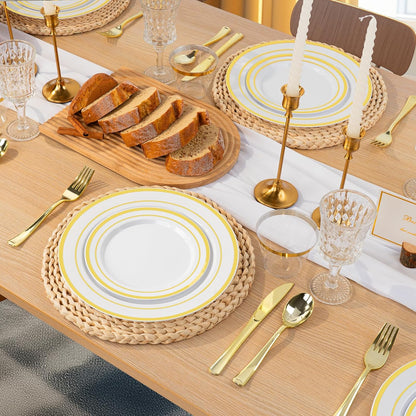 BESTVIP 350PCS Gold Plastic Dinnerware Set, Disposable Party Plates for 50 Guests, Include: 100 Plastic Plates, 50 Pre Rolled Napkins with Gold Silverware, 50 Cups