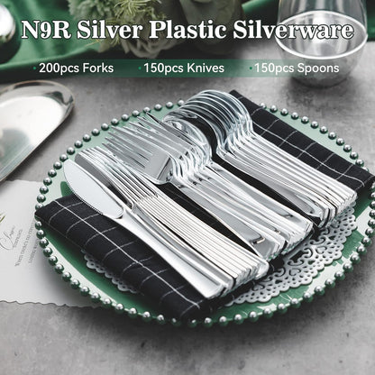 N9R 200 PCS Gold Plastic Silverware - Disposable Gold Plastic Silverware Cutlery Set, 100 Forks, 50 Spoons, 50 Knives for Party, Birthday, Wedding