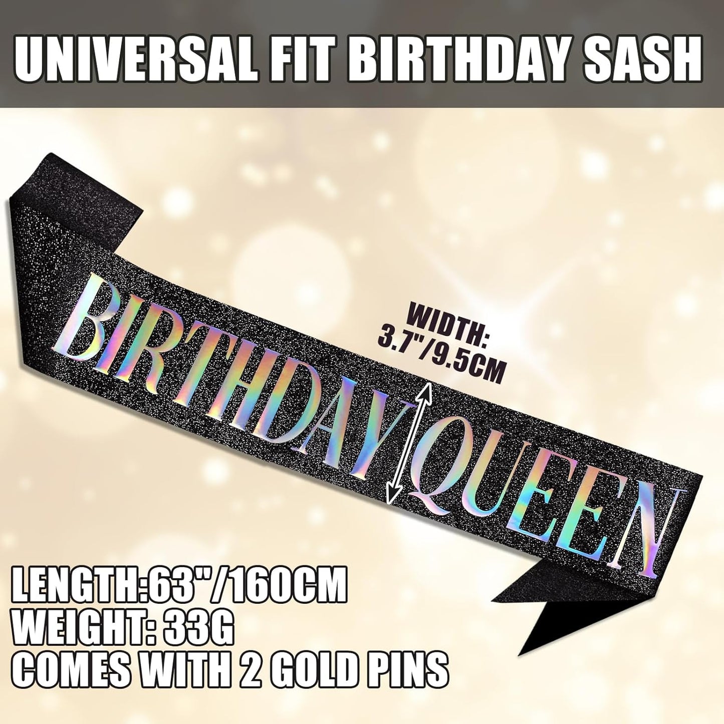 RUDONG M Birthday Queen Sash Glitter - Gold Birthday Sash for Women & Girls | Sweet 16/18th/21st/30th/40th/50th/60th/70th, All-Age Celebration Party Decor