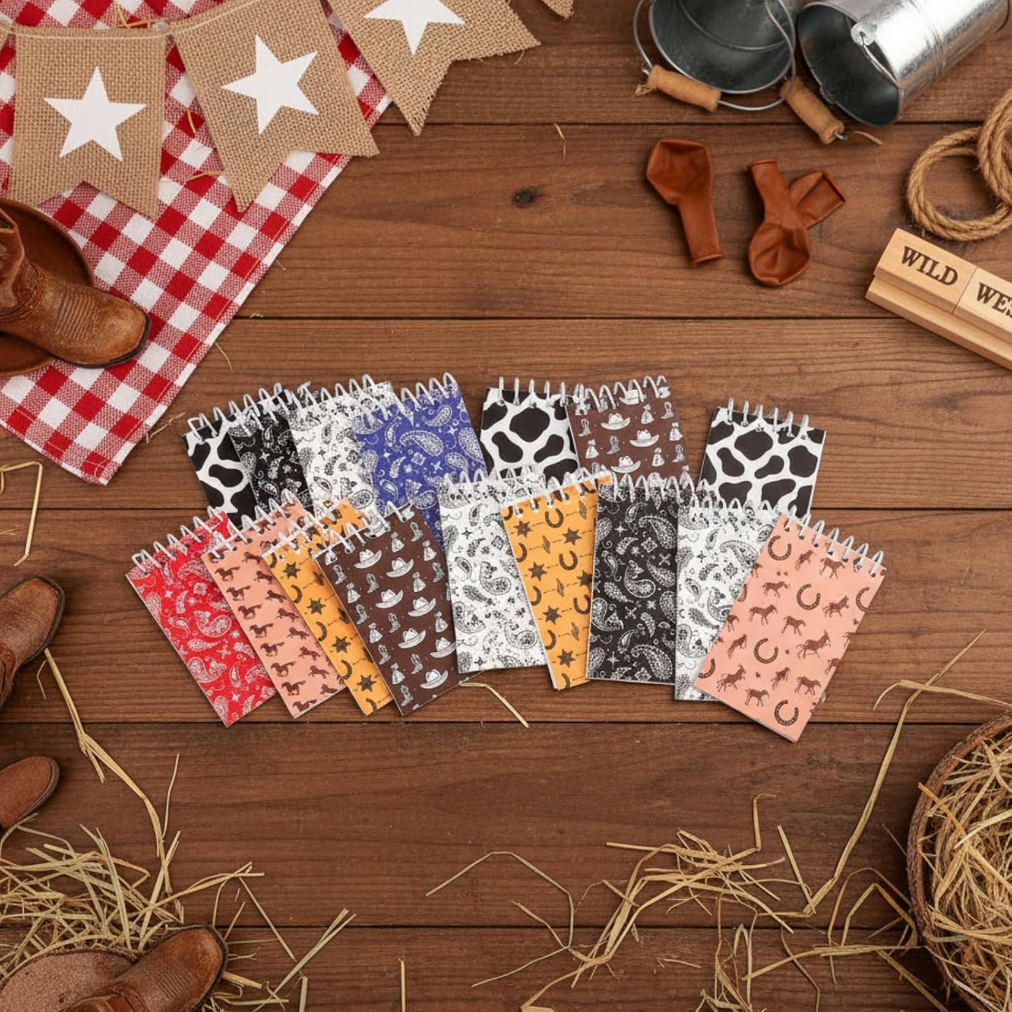 Teling 24 Pcs Western Cowboy Spiral Notebooks, Paisley, Cowboy Hat, Horseshoe, Cactus, Cow Pattern, Small Mini Notepads Cowboy-themed Stationery, Country-style Decor, Western Party Favors