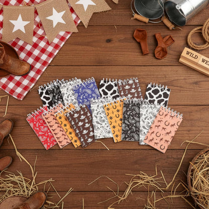 Teling 24 Pcs Western Cowboy Spiral Notebooks, Paisley, Cowboy Hat, Horseshoe, Cactus, Cow Pattern, Small Mini Notepads Cowboy-themed Stationery, Country-style Decor, Western Party Favors