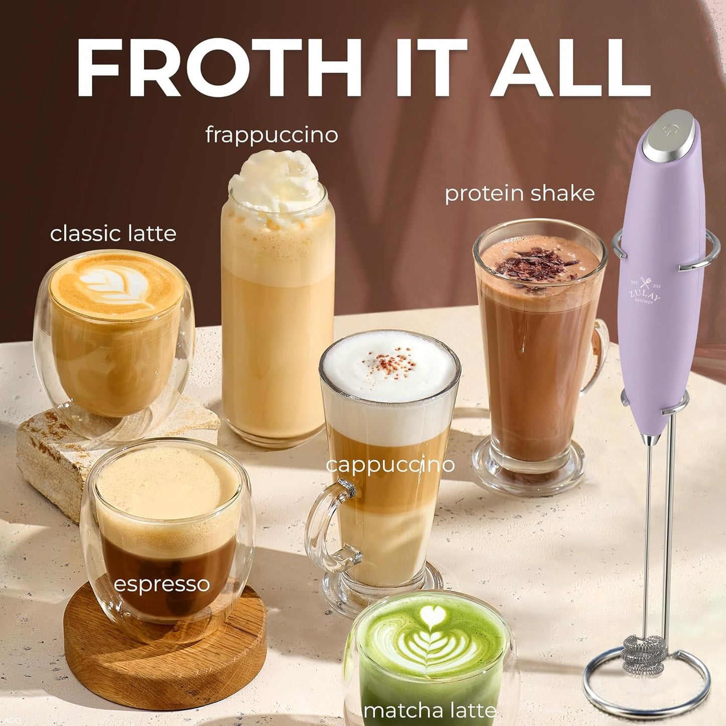 Zulay Kitchen Powerful Milk Frother Wand With Duracell Batteries - Ultra Fast Handheld Drink Mixer - Electric Whisk Foam Maker for Coffee, Lattes, Cappuccino & Matcha - Z1 Motor - Black - Colors D