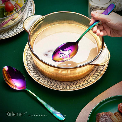 Xideman® 7-Piece Hammered 18/10 Stainless Steel Silverware Serving Utensil Set - Hostess Flatware with Cake Knife & Cake Server (Champagne Gold)
