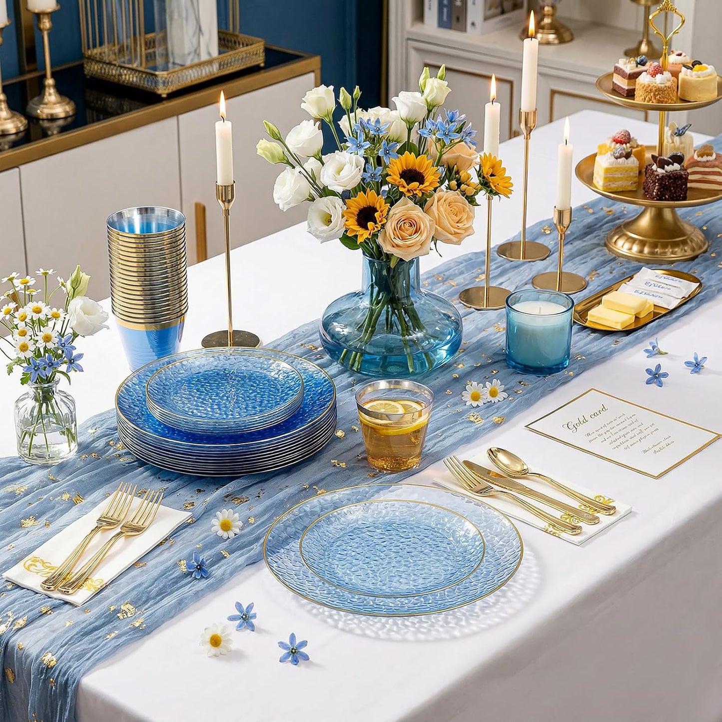 Rubtlamp 350 Pcs Clear Blue Plastic Plates, Blue Gold Plastic Dinnerware Set (50 Guests), Blue Disposable Plates With Gold Rim, Hammered Party Plates Set for Wedding And Party