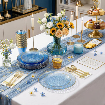 Rubtlamp 350 Pcs Clear Blue Plastic Plates, Blue Gold Plastic Dinnerware Set (50 Guests), Blue Disposable Plates With Gold Rim, Hammered Party Plates Set for Wedding And Party
