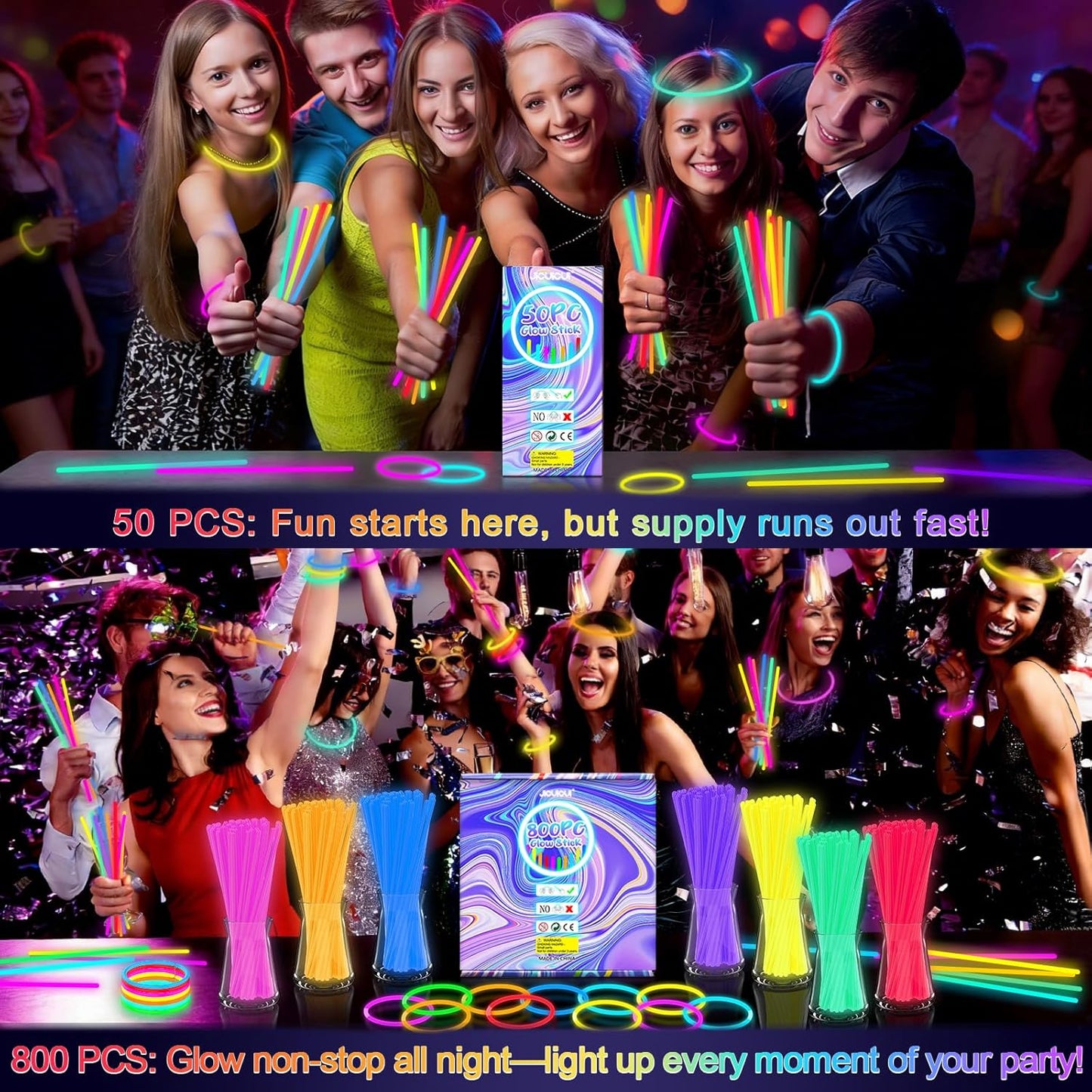 JICUICUI Glow Sticks Bulk Party Pack- Ultra Bright 50pk Glow in the Dark Party Supplies, Neon Party Favors, Glow Sticks Party Supplies Glow Necklaces and Glow Bracelets with Connectors