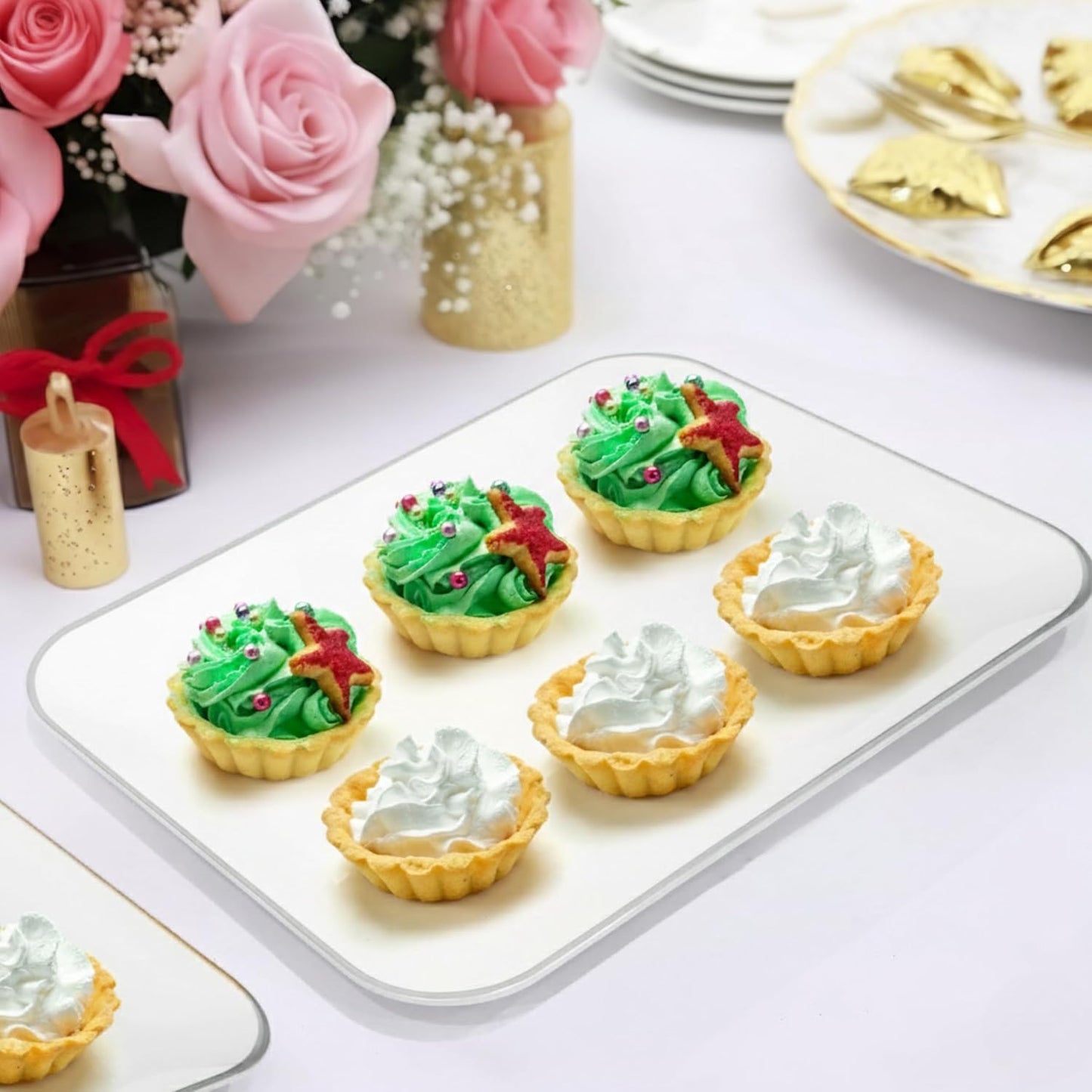 3 Pack Plastic Serving Trays for Party - Gold Serving Tray 8 x 11 Inch - Heavy Duty Dessert Trays for Food - Rectangular Party Serving Trays for Entertaining - Clear Cookie Platters