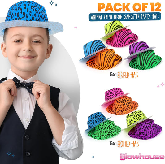 The Glowhouse Premium Neon Gangster Hats Plastic Fun Party Fedora UV Blacklight Glow Pack of 12 (Animal Print)