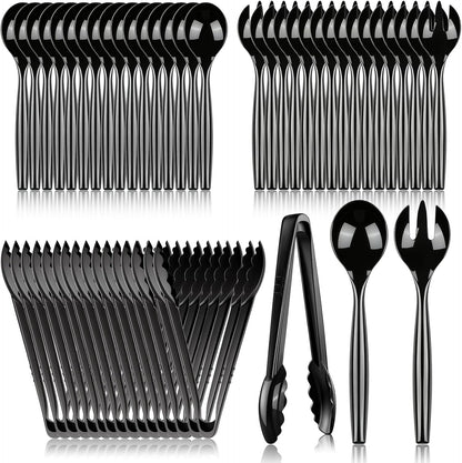 24 Pcs Disposable Black Plastic Serving Utensils,8 Set Including 9.72" Plastic Serving Spoons, Forks and 8.46" Tongs, for Dinner Parties, Buffets,Banquets, Events, Weddings, and Daily Use