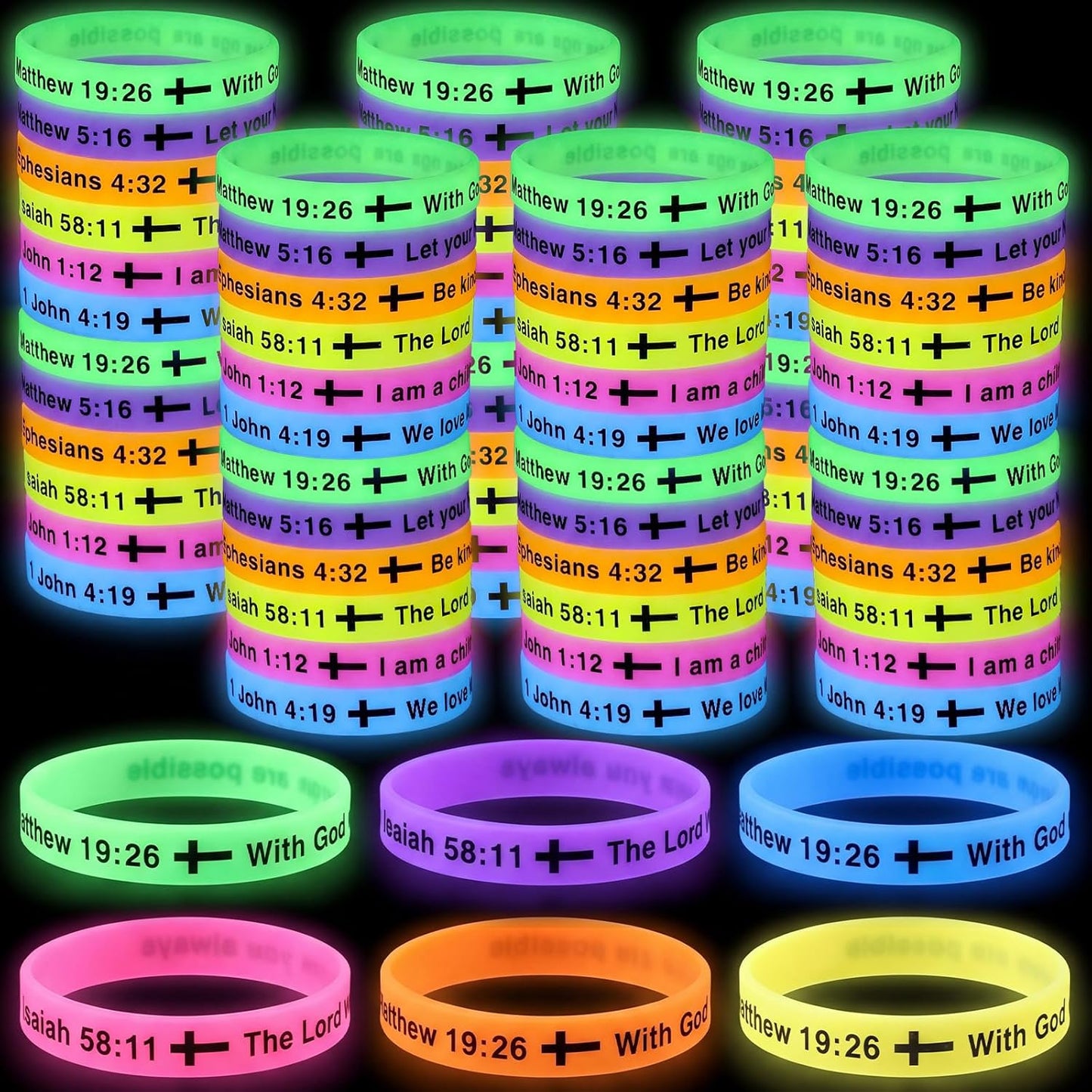 Tondiamo 60 Pcs Vbs 2026 Glow in The Dark 8'' Christian Wristbands Bulk, John 3:16 Bible Verse Luminous Bracelet with Scripture Words Christian Gift for Missionaries Religious Church (Stylish)