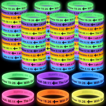 Tondiamo 60 Pcs Vbs 2026 Glow in The Dark 8'' Christian Wristbands Bulk, John 3:16 Bible Verse Luminous Bracelet with Scripture Words Christian Gift for Missionaries Religious Church (Stylish)