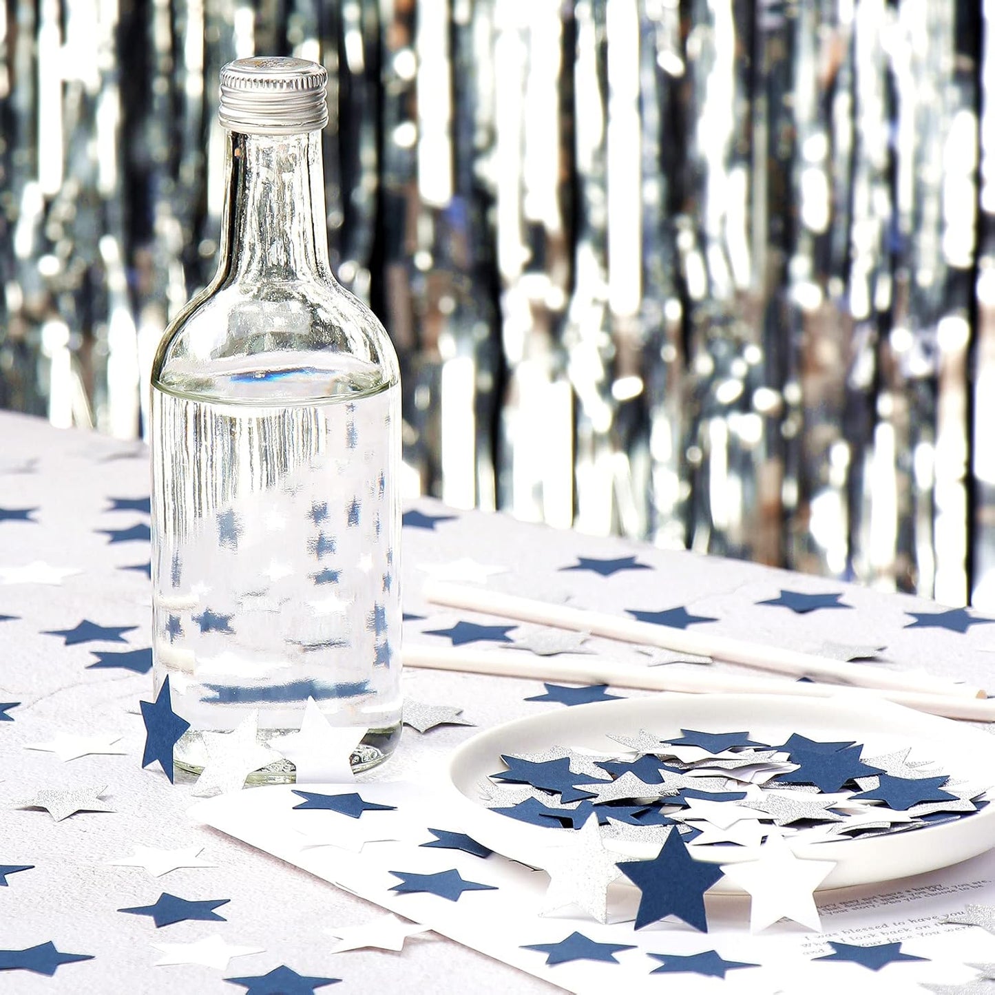 300pcs Navy Blue White Silver Confetti,Glitter Paper decor Twinkle Little Star Table Confetti,Birthday Graduation 2024 Fathers Day Wedding Baby Shower Party Decorations Circle Dots Lasting Surprise