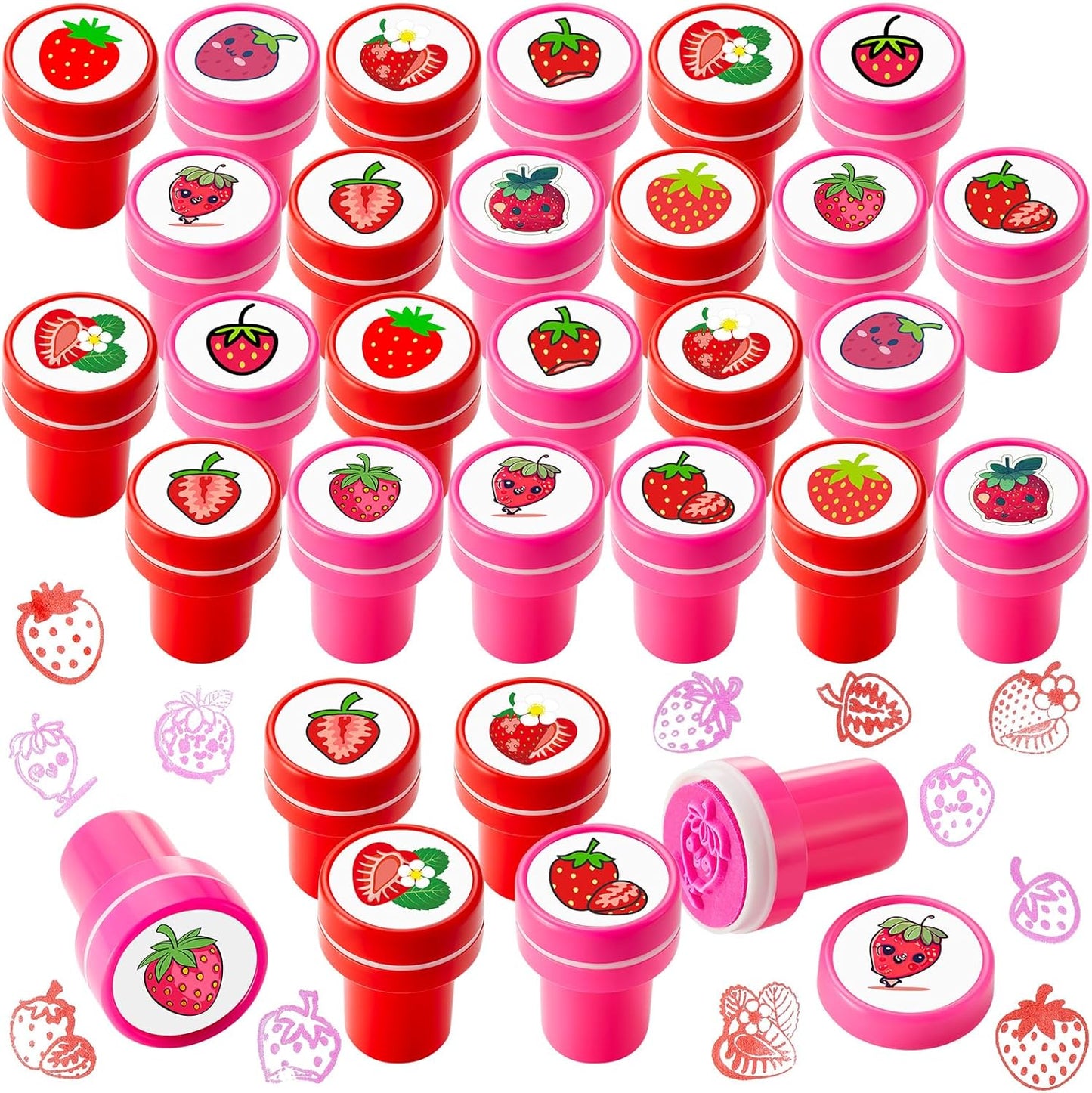 MotiMind 24 Pcs Strawberry 12 Designs Stampers Berry First Birthday Party Favors, Self-Inking Mini Stampers for Kids, School Rewards, Goodie Bag Fillers, Carnival Prizes, DIY Craft, Shortcake