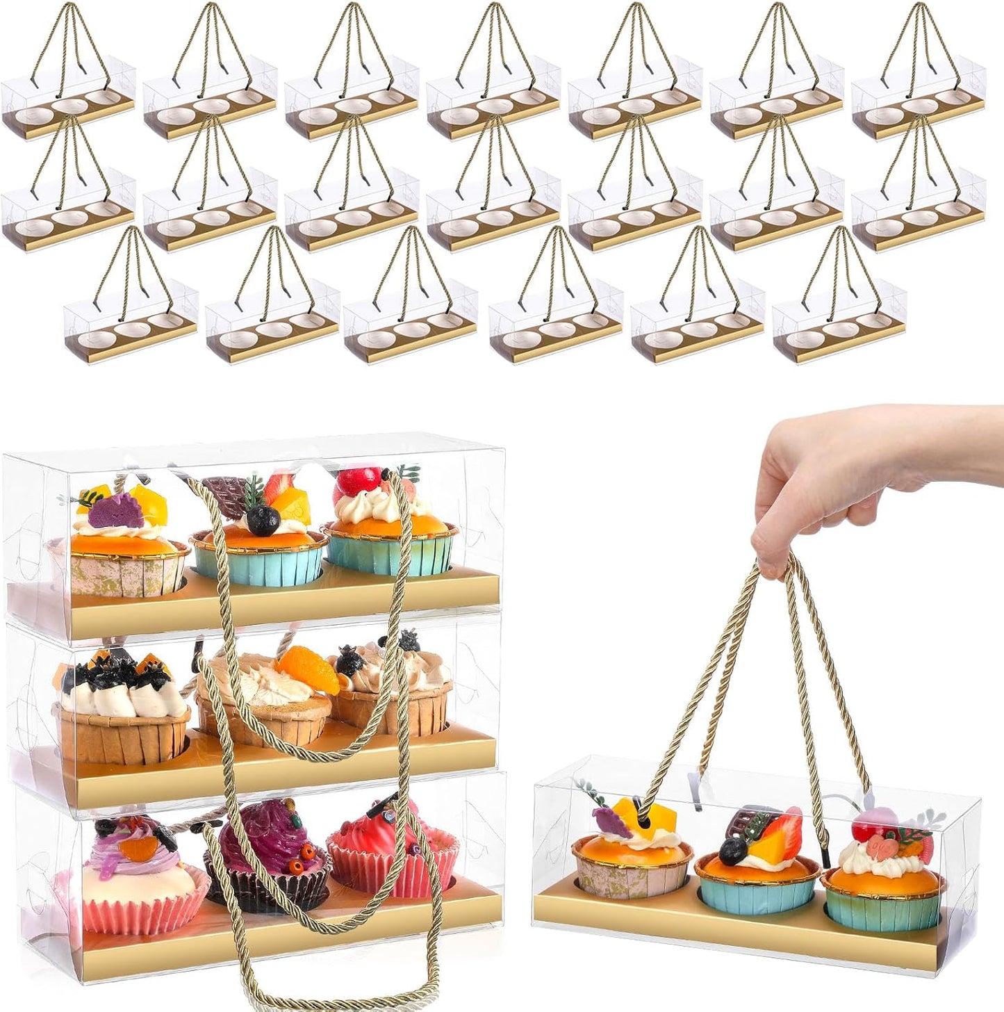 Thenshop 20 Pcs 9 x 3 x 3 Inch Clear Cupcake Boxes with Handle and Inserts 3 Count Portable Pastry Packaging for Cupcakes Carrier Muffin Bakery Containers Mothers Day Wedding Party(Brown)