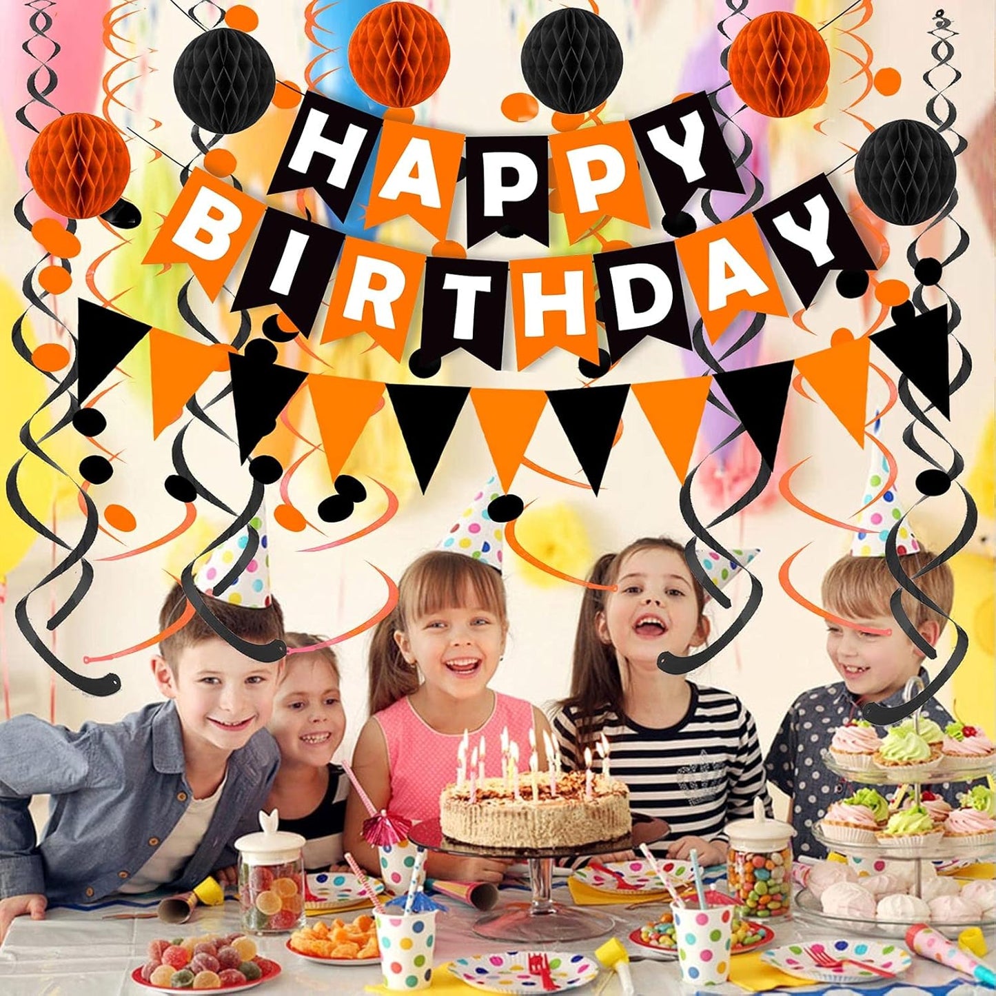Fecedy Happy Birthday Banner With Colorful Paper Flag Bunting Paper Circle Confetti Garland Swirl Streamers Honeycomb ball for Birthday Party Decorations