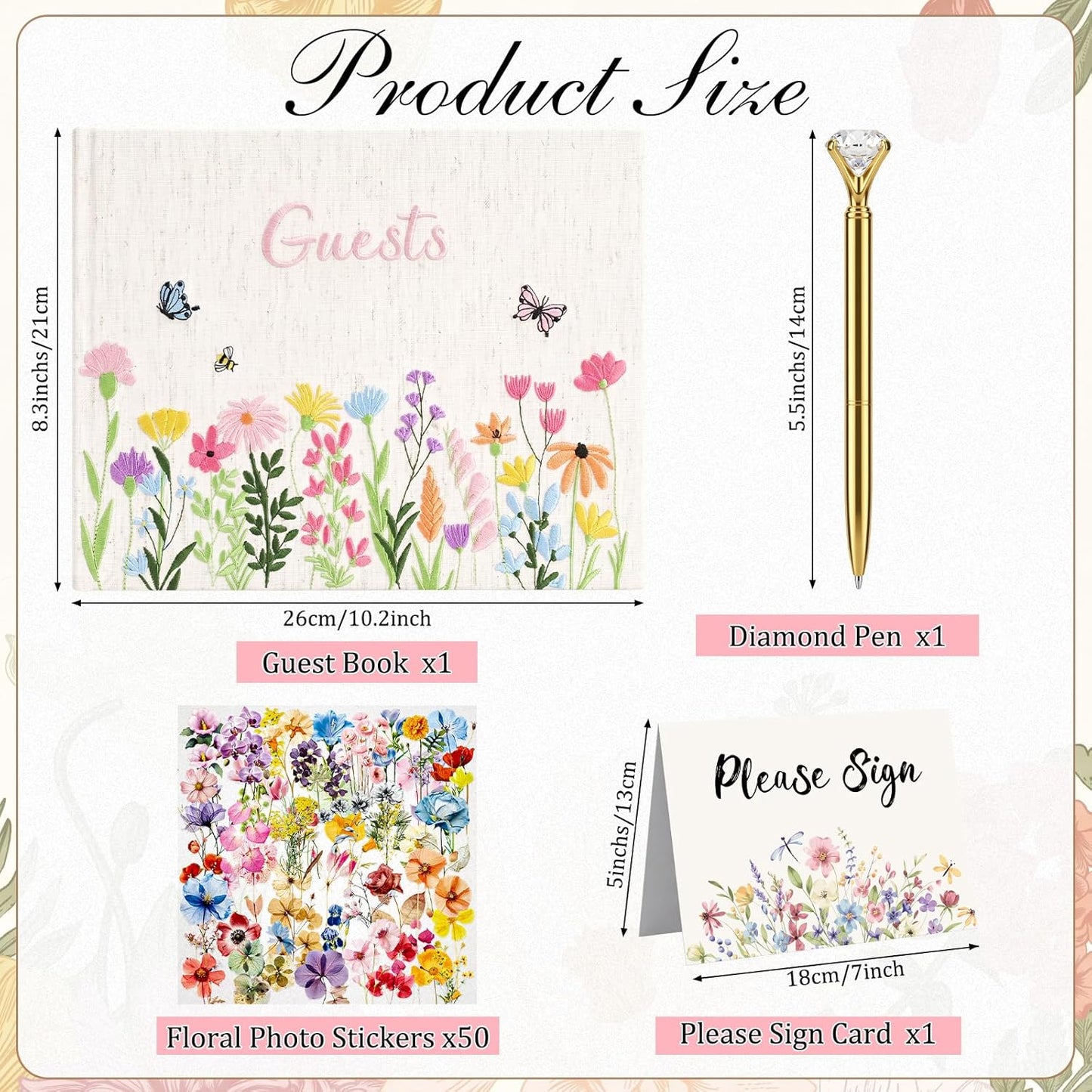 Ctosree Wedding Guest Book with Pens Wildflowers Embroidered Fabric Photo Album, Hard Cover Guest Book Wedding Reception for Baby Shower, Party, Bridal Shower(Colorful,8.3 * 6 Inch)