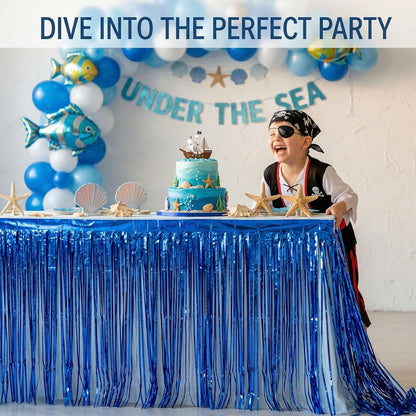 Blue Streamers Party Decorations, 2 Packs Blue Table Skirts Metallic Foil Fringe Tinsel for Birthday Under the Sea Boy Baby Shower Float Parade Mardi Gras Graduation Party Supplies -29x108Inch