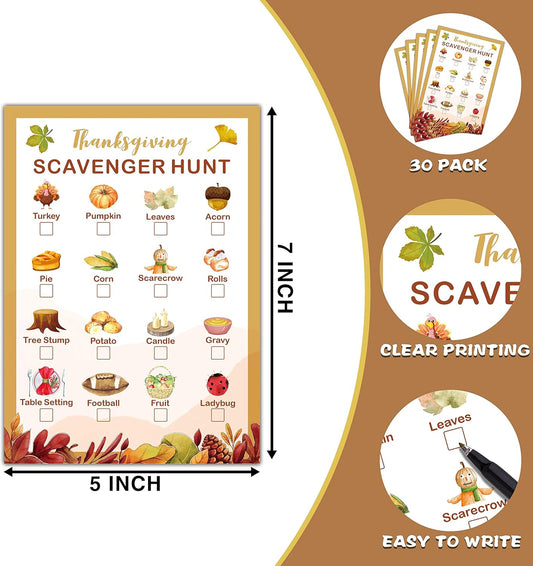 Gihyan Thanksgiving Scavenger Treasure Hunt Game- Fall Pumpkin Party Games Cards, Autumn Activities for Adults, Holiday Hunt for Friends, Thanksgiving Party Supplies Decorations(30 Pack)-01